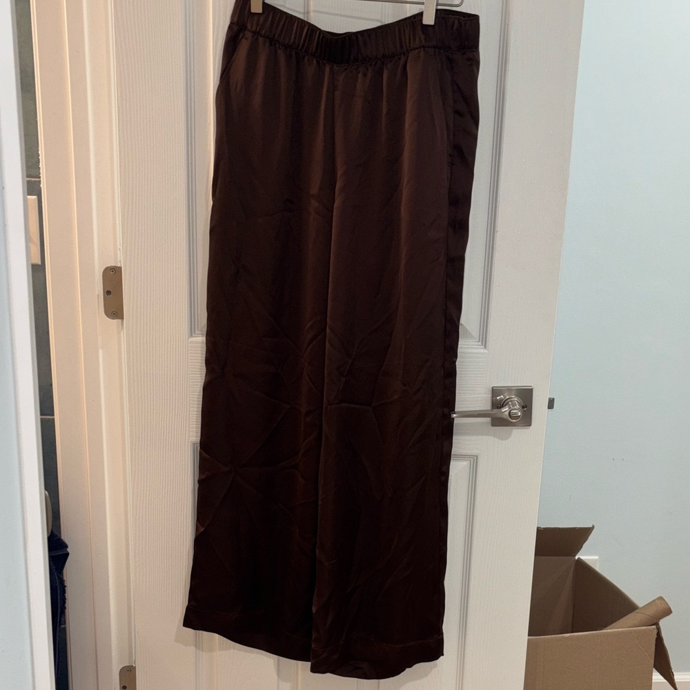Silky Wide-Leg Satin Pull On Pants - Deep Brown